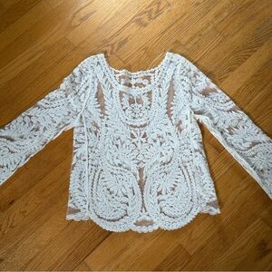 Vintage 70s style Ivory Embroidered Sheer Lace Blouse Top Long Flare Sleeve